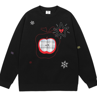 GUUKA黑色圣诞苹果圆领卫衣男款冬季加绒 情侣装爱心刺绣落肩上衣