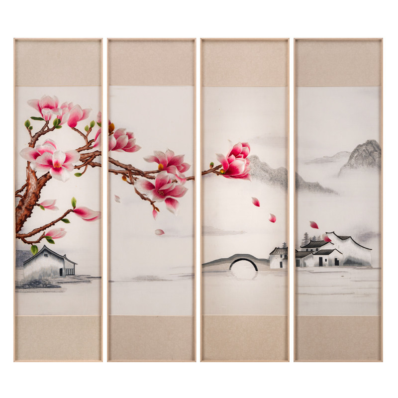 玉兰花四联苏绣手绣挂画客厅书房