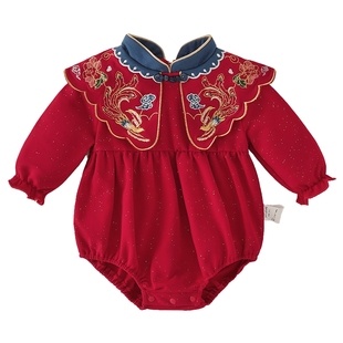 女宝宝周岁礼服红色连体衣新生婴幼儿新中式满月礼盒哈衣拜年衣服