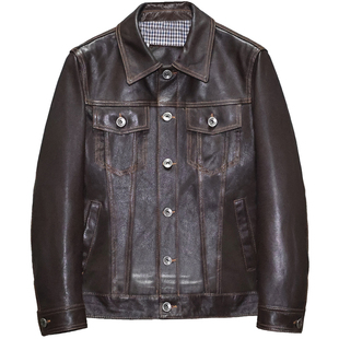 头层山羊真皮皮衣男女修身短款青年翻领简约休闲牛仔夹克外套么