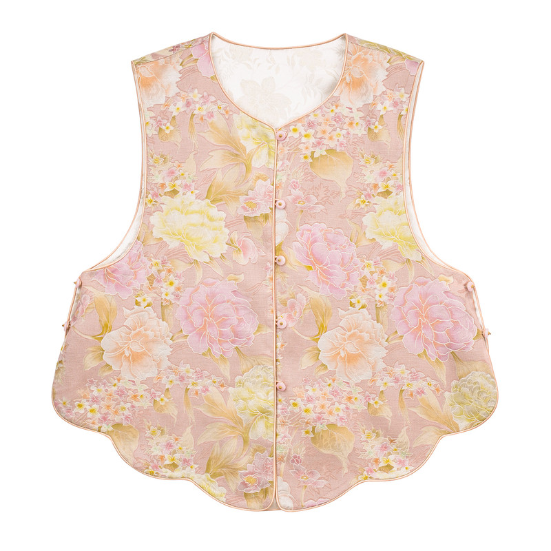 千渝2026秋季侧开叉含桑蚕丝宋式锦新中式马甲女宽松两面穿国风背