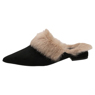 真皮加绒穆勒鞋女秋冬2025新款法式百搭尖头低跟外穿包头毛毛拖鞋