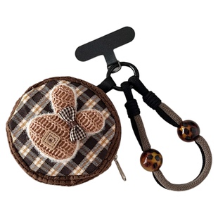 tozoyo冬天手机挂绳带小包手腕挂件高级毛绒千鸟格耳机钥匙零钱包可爱兔子格纹迷你卡包短款防丢绳复古棕色壳