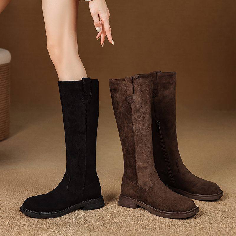 欧美绒面高筒靴不过膝骑士长筒靴女粗腿胖mm大筒围大码女靴41一43