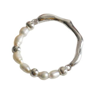 S925纯银不规则液态流线珍珠弹力绳戒指韩系博主款时髦款指环银饰