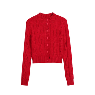 MULVAN 经典旋律 复古半高领麻花毛衣开衫女气质修身短款针织上衣