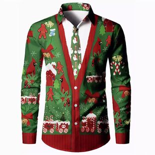Christmas printed cardigan shirt男士休闲圣诞数码印花开衫衬衫