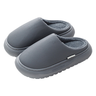 棉拖鞋男士冬季2025新款厚底踩屎感棉拖男家用皮面防水保暖拖鞋