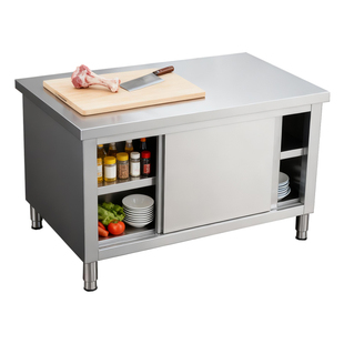 304厨房操作台不锈钢工作台面带拉门案板储物柜切菜桌子商用饭店