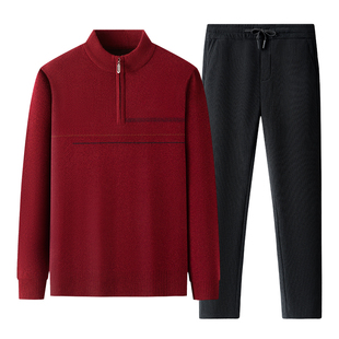 鹿竹爸爸冬季保暖套装中年男士红色加厚毛衣中老年爷爷灯芯绒裤子