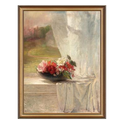风色窗台上的花静物油画玄关挂画
