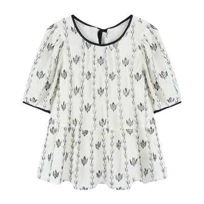 Basic House/百家好碎花系带泡泡袖衬衫女设计感小众别致减龄衬衫