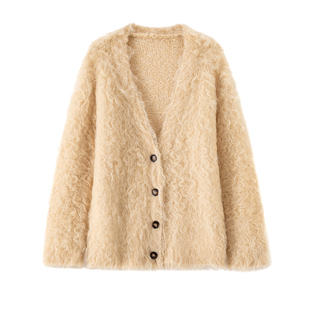 BANANA CICI2026年春季新款毛茸茸手工拉毛氛围感V领长款羊毛开衫