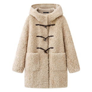 拉夏贝尔/La Chapelle羊羔毛连帽外套女冬新款中长款皮毛一体外套