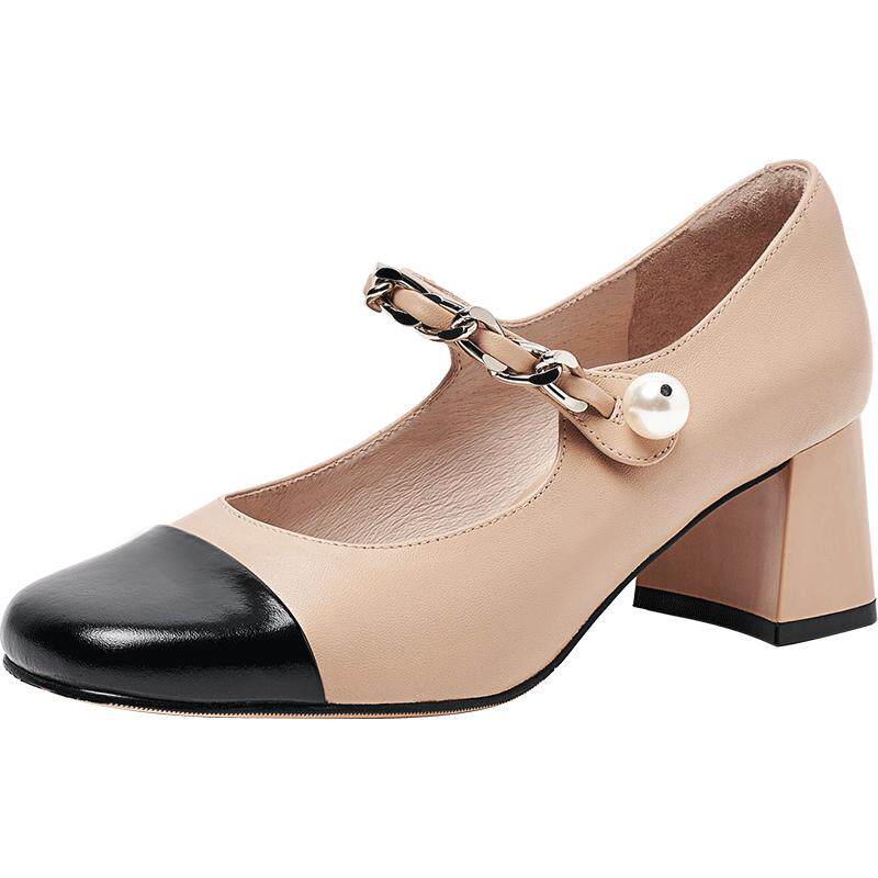 百田森miu系黑白玛丽珍小香风高跟鞋女法式羊皮拼色小高跟皮鞋