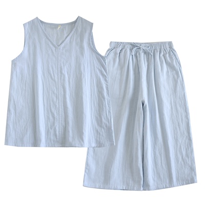 夏季纯棉纱布女背心短裤睡衣