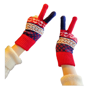 新款圣诞节雪花格子针织毛线红色可触屏防寒保暖开车手套男女冬季