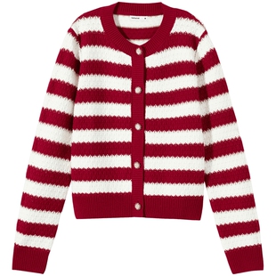 热风女士红色针织衫2026年春季新款红色条纹新年针织衫内搭上衣