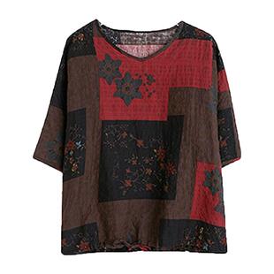 复古印花亚麻短袖上衣女妈妈夏装薄款休闲宽松棉麻撞色鸡心领T恤