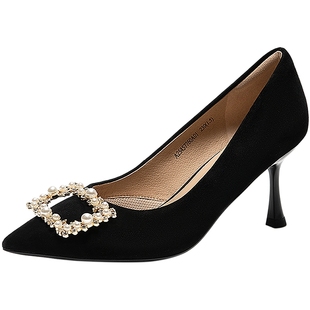 【静音系列】千百度细高跟鞋女百搭气质新款羊皮扣饰法式浅口单鞋