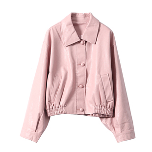 淘么淘 又美又飒！翻领松紧下摆宽松短款环保PU皮外套女2026早春