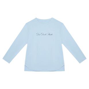 DotDrobe多着 白色/雾蓝色法式字母圆领长袖T恤女打底衫内搭上衣