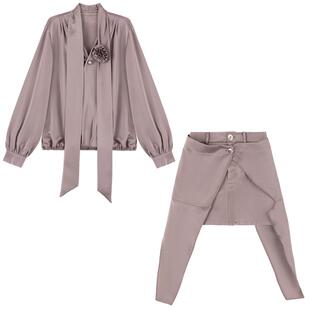 KEIKO 优雅松驰风灯笼袖衬衫两件套装春夏复古巴洛克滑爽缎感上衣