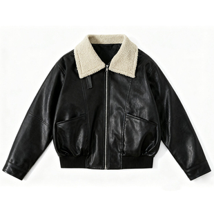 逆壳中性复古羊羔毛领皮衣PU男女款街头机车古着风潮皮棉衣厚外套