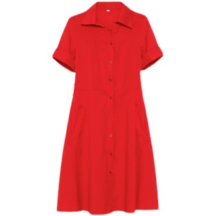 连衣裙女2025新款春设计感女装裙子红色洋气收腰系带有口袋衬衫裙