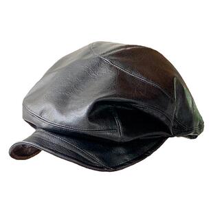 小众设计感不规则褶皱PU贝雷帽子女复古皮质八角帽时尚个性报童帽