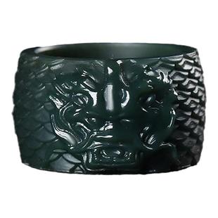 新疆和田玉塔青玉龙头扳指精雕一级特细料戒指戒圈黑青玉保真带证