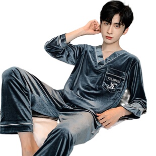 乐姿梦秋冬季新款男士金丝绒睡衣休闲韩版长袖V领春秋家居服套装