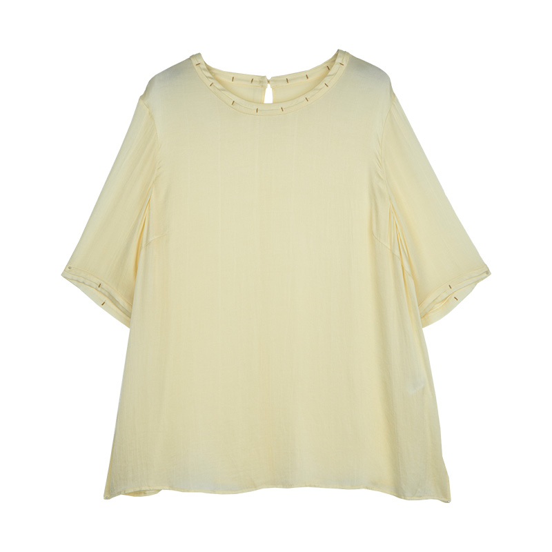 美丽客栈大码女装2025秋新款胖mm宽松开叉中长款上衣正肩圆领T恤