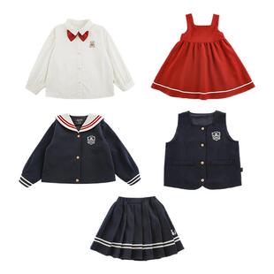 幼悠女童开学季学院系列小熊绣花翻领外套撞色织带百褶裙多件套潮