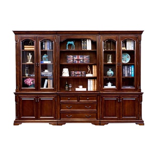 美式别墅高端实木组合书柜书房带玻璃门书橱落地置物柜收纳储藏柜