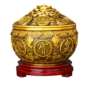 纯黄铜聚宝盆摆件带盖金蟾五福装饰客厅办公室店铺开业送礼招米缸