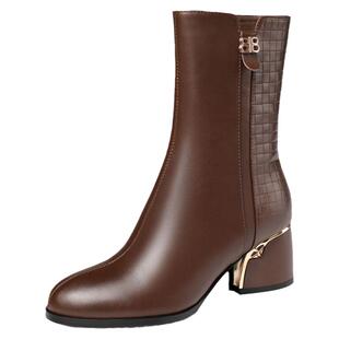 秋冬新款真皮圆头中筒靴高跟靴百搭加绒粗跟靴子女大码中靴女皮靴