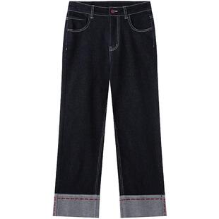 不易褪色LAGOGO卷边牛仔裤女拉谷谷2026春新款高腰九分直筒裤