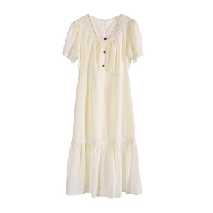 黄色方领莱赛尔天丝短袖连衣裙女2026年夏季新款法式巨好看的裙子