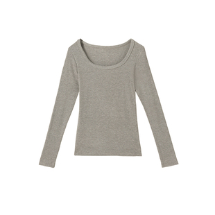欧美u领长袖螺纹t恤女秋冬季修身内搭锁骨低领磨毛打底衫紧身上衣