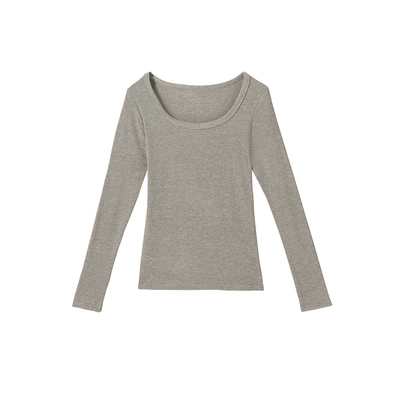 欧美u领长袖螺纹t恤女秋冬季修身内搭锁骨低领磨毛打底衫紧身上衣