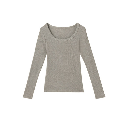 欧美u领长袖螺纹t恤女秋冬季修身内搭锁骨低领磨毛打底衫紧身上衣