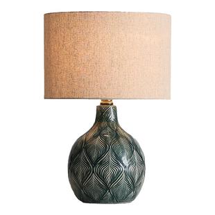 新款孔雀绿羽毛纹陶瓷台灯卧室床头灯轻奢美式客厅书房可调光台灯