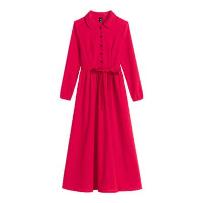 文艺红色棉麻连衣裙收腰显瘦长裙