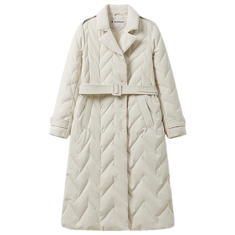 播冬季简约西装领菱形绗缝羽绒服女长款系带外套DDR4RD5206