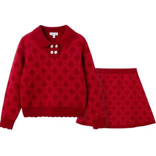 巴拉巴拉高端线2025春秋千古应龙系列羊毛长袖套装裙红色拜年服潮