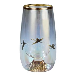 容山堂瑞鹤图描金双层玻璃杯绿茶杯泡茶便携防烫大号女办公杯水杯