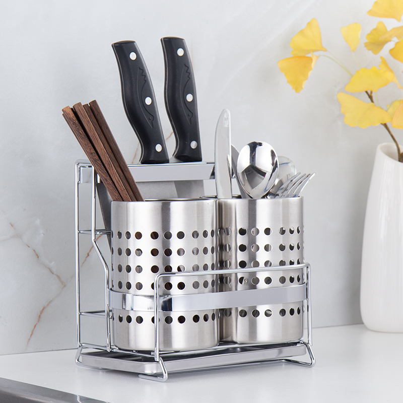 连刀架不锈钢筷子筒收纳架带接水盘家用餐具沥水双筒筷笼厨房置物