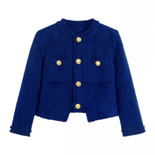 小香风短款外套女秋冬季2026新款小众西装加厚小个子蓝色高腰上衣