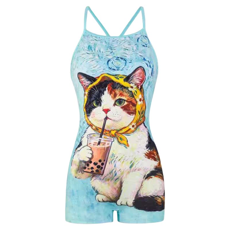 夏季猫咪印花遮肚显瘦连体泳衣
